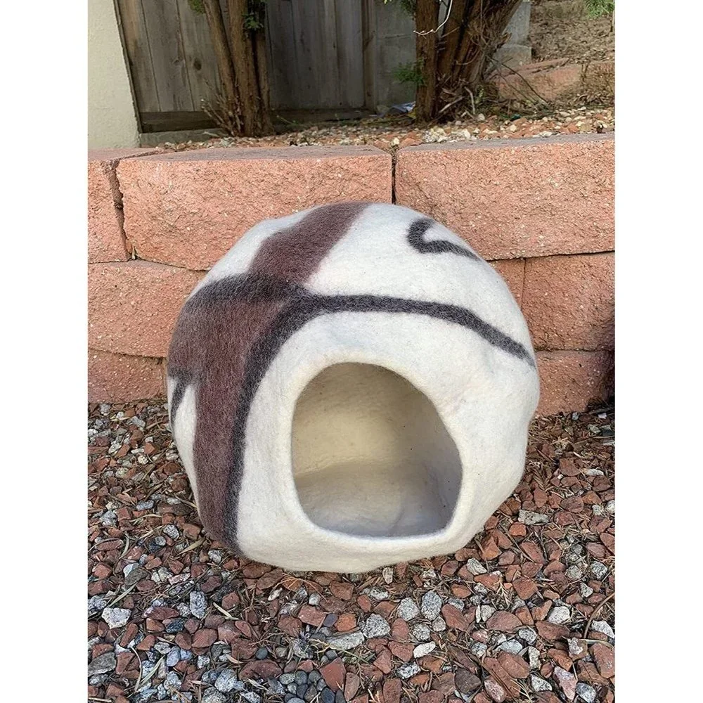 Modern Pet Furniture Natural Wool Cat Bed Cocoon Handmade Cave - Black & White